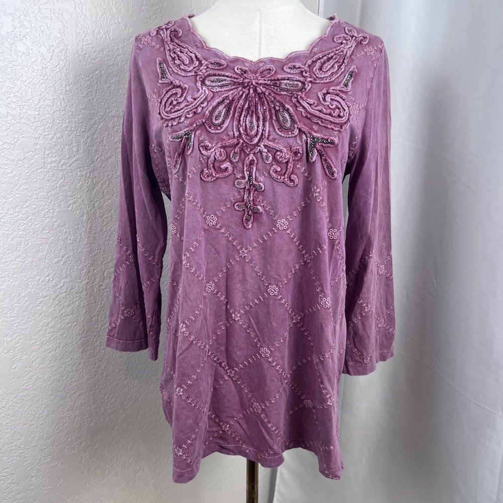 Soft Surroundings Top Womens XS Purple/Pink Embroidered Beaded Boho Artsy Fairy